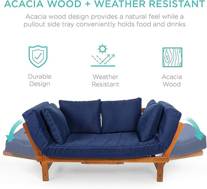 Best Choice Products Outdoor Convertible Acacia Wood Futon Sofa Furniture for Patio, Balcony, Poolside, Backyard w/Pullout Tray, Removable Weather-Resistant Cushion & 4 Pillows - Navy Blue