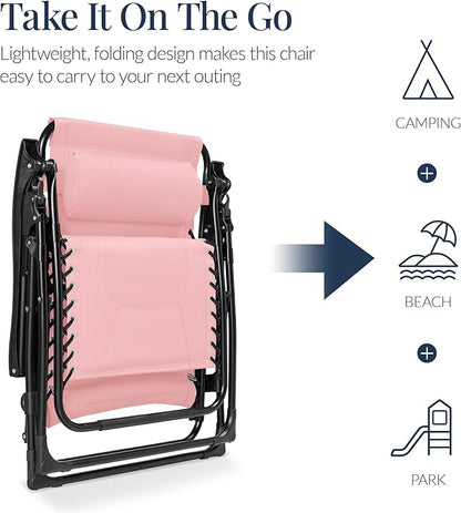 Best Choice Products Oversized Padded Zero Gravity Chair, Folding Outdoor Patio Recliner, XL Anti Gravity Lounger for Backyard w/Headrest, Cup Holder, Side Tray, Polyester Mesh - Bubblegum Pink