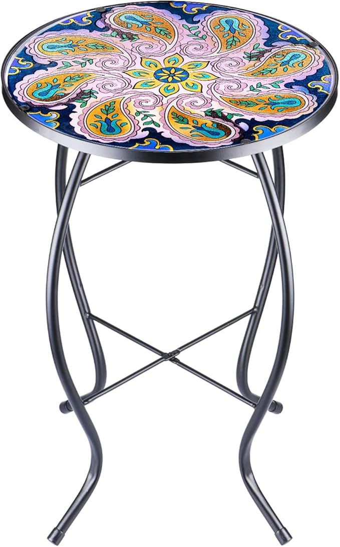 VCUTEKA Outdoor Side Table Mosaic End Table Patio Side Table Small End Table Glass Top Round Balcony Coffee Table Porch Indoor Glass Top