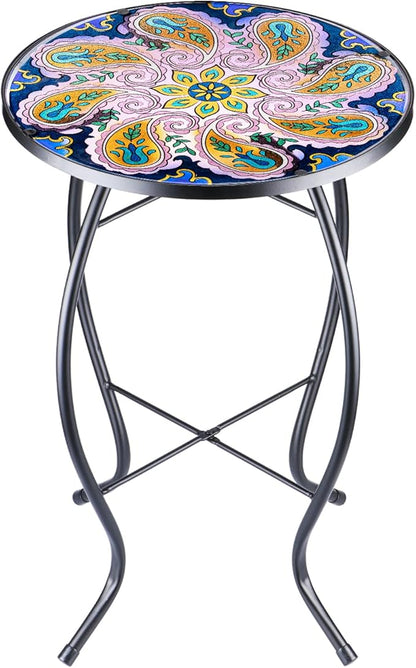VCUTEKA Outdoor Side Table Mosaic End Table Patio Side Table Small End Table Glass Top Round Balcony Coffee Table Porch Indoor Glass Top