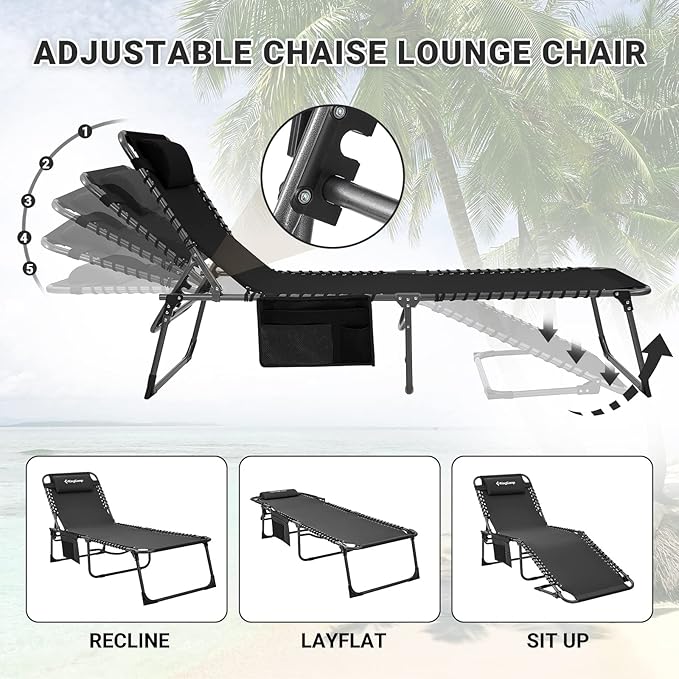 KingCamp Folding Outside Patio Lounge Chair Adjustable 5-Position Adults Reclining Folding Chaise with Pillow, for Patio - Photo 5