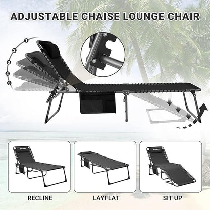 KingCamp Folding Outside Patio Lounge Chair Adjustable 5-Position Adults Reclining Folding Chaise with Pillow, for Patio, Pool, Beach, Sunbathing, Deck, Lawn,2 Packs, Black