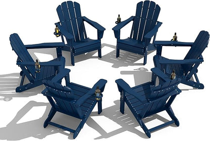 Domi Folding Adirondack Chair Set of 6, HDPE All-Weather Adirondack Chairs with Cup Holder, Outdoor Plastic Fire Pit Chairs Wood Texture for Poolside, Patio, Backyard, Deck (Blue)