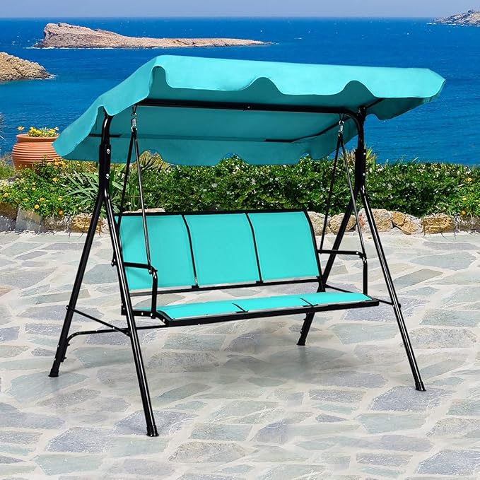 TANGKULA 3 Person Patio Swing, Steel Frame with Polyester Angle Adjustable Canopy, All Weather Resistant Swing Bench - Photo 4