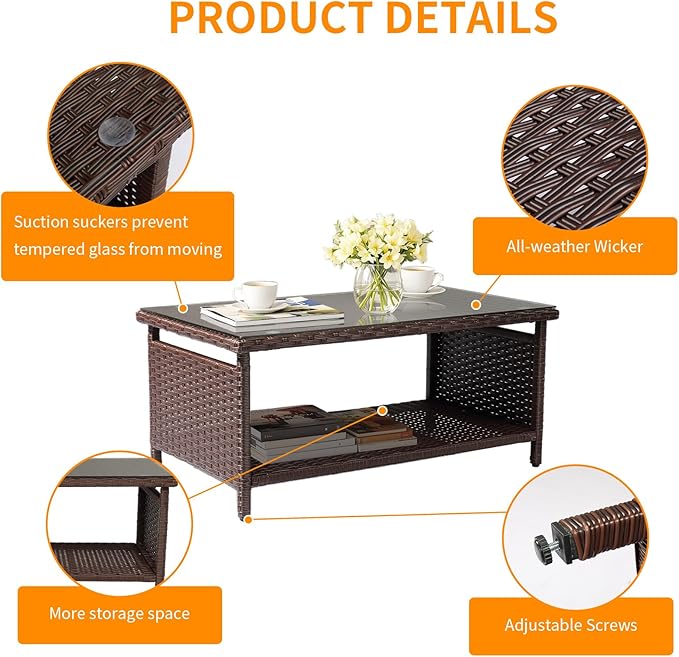 VINGLI Outdoor Wicker CoffeeTable Patio Coffee Tables for Outside - Photo 5