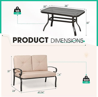 Incbruce Patio Loveseat with Coffee Table - Outdoor Bench with Cushion,2 Piece Wrought Iron Outdoor Loveseat Metal Frame Porch Furniture Set for Patio, Poolside, Garden (Brown)