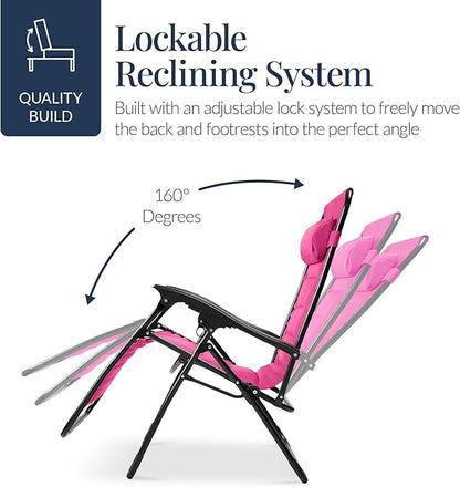 Best Choice Products Oversized Padded Zero Gravity Chair, Folding Outdoor Patio Recliner, XL Anti Gravity Lounger for Backyard w/Headrest, Cup Holder, Side Tray, Polyester Mesh - Hot Pink
