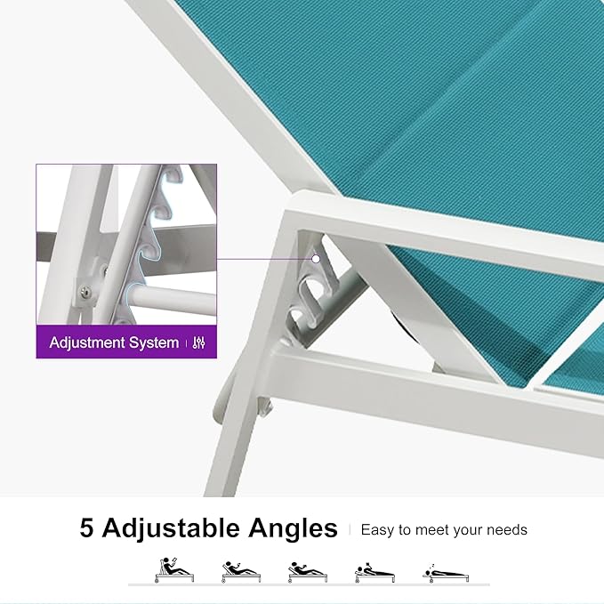 PURPLE LEAF Outdoor Chaise Lounge Adjustable Sunbathing Recliner with Armrest Blue 2 Sets - Photo 6