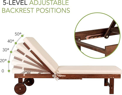 JONATHAN Y PAT1003B Seabrook 69 x 24 Inch Outdoor Acacia Wood Lounger with Cushion, 5-Position Back, Slide Table & Wheels for Garden, Lawn, Backyard, Pool, Deck, Beach, Firepit, Light Brown