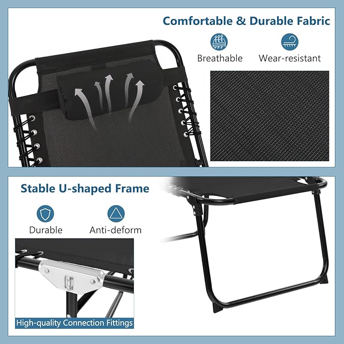 Giantex Patio Lounge Chairs for Outside - Set of 2 Folding Tanning Chair w/Headrest, 4 Adjustable Positions, Side Pocket, Outdoor Chaise Lounge for Camping, Pool, Sunbathing Beach Chair, Black