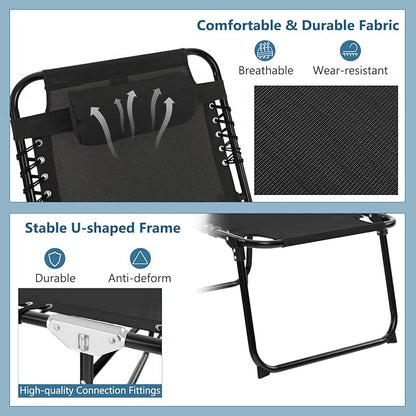 Giantex Patio Lounge Chairs for Outside - Set of 2 Folding Tanning Chair w/Headrest, 4 Adjustable Positions, Side Pocket, Outdoor Chaise Lounge for Camping, Pool, Sunbathing Beach Chair, Black