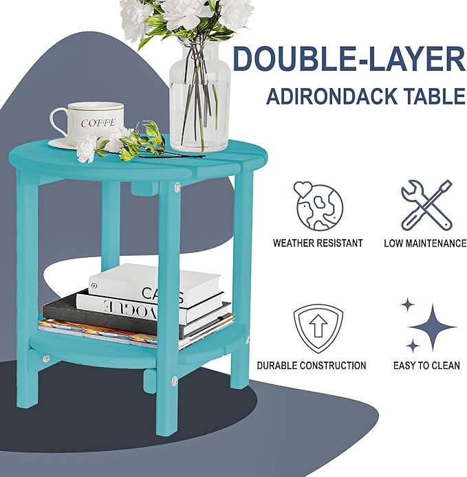 Sundale Outdoor 18" Round Small Side Table, Patio Adirondack End Table, 2 Tier Outside Table for Pool, Garden, Beach, Turquoise
