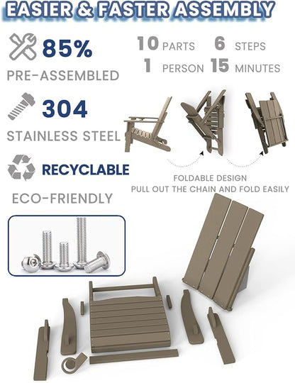 Adirondack Chair with Cup Holder, Folding Outdoor Lawn Chair, HDPE Plastic Fire Pit Chair, Weather Resistant Patio Chairs for Deck, Porch, Backyard, Garden, Weathered Wood