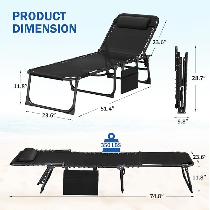 Devoko Beach Lounge Chair, Outdoor Sun Tanning Chair with Face Hole, Heavy Duty Folding Portable Lay Chaise Lounge Chairs for Outside Beach Pool Camping Patio, Black