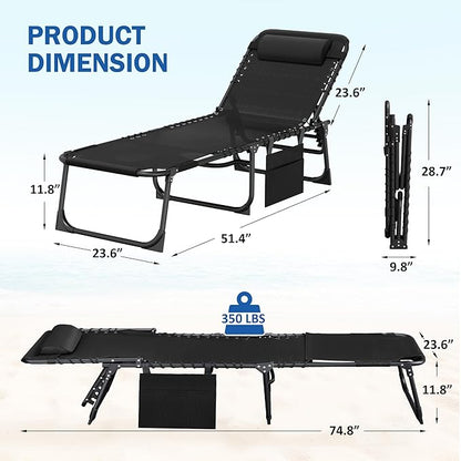 Devoko Beach Lounge Chair, Outdoor Sun Tanning Chair with Face Hole, Heavy Duty Folding Portable Lay Chaise Lounge Chairs for Outside Beach Pool Camping Patio, Black