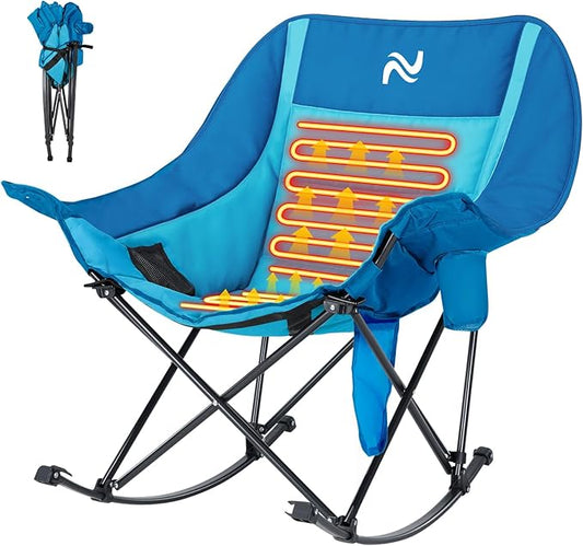 ABORON Heated Oversized Rocking Camping Chair for Adults, Fully Padded Folding Outdoor Lawn Chair with Side Pocket, Portable Recliner Chair for Camp, Patio, Backyard, Supports 400 lbs