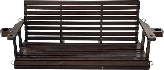 Fortune Candy Wooden Porch Swing 3-Seater, High Backrest and Deep Seat, Bench Swing with Cupholders - Photo 9