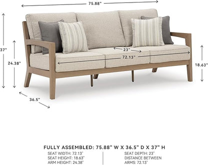 Signature Design by Ashley Hallow Creek Cottage Nuvella Weather Resistant Fabric Outdoor Sofa with Cushion and 4 Throw Pillows, Light Brown & Beige