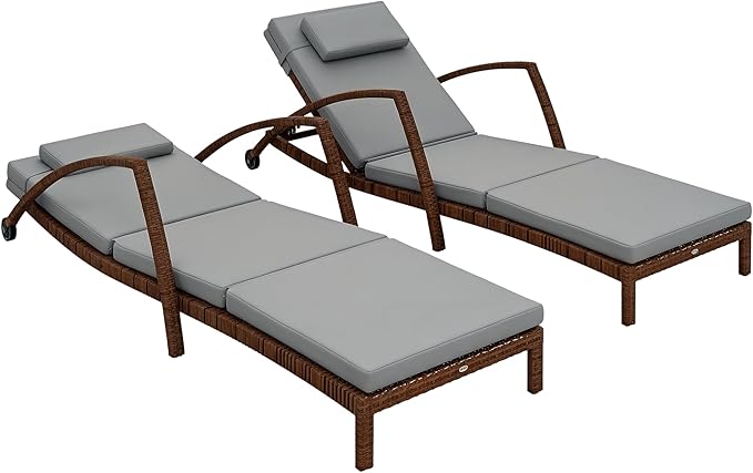 Outsunny Wicker Chaise Lounge Chair Outdoor Set of 2, 5-Position Adjustable Reclining Pool Lounge Chairs with Wheels - Photo 1