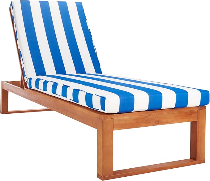 SAFAVIEH Outdoor Collection Solano Natural Brown Solid Wood/Royal Blue & White Stripe Cushion Patio Adjustable Chaise - Photo 4