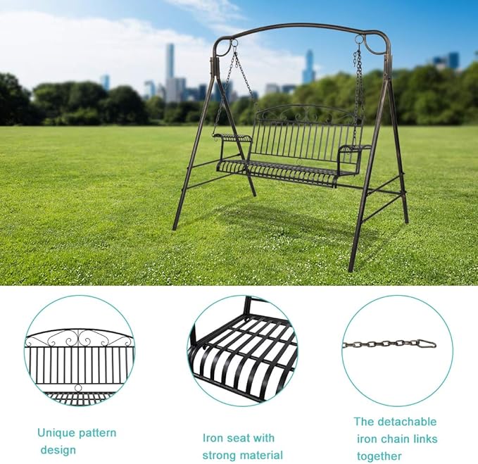Porch Swing Hanging Bench Metal Porch Swing Outdoor Patio Furniture Iron Swing Chair Heavy Duty Steel Black Porch Swing Hanging Chair Porch Swings for Garden, Yard, Deck, Backyard(Not Included Stand)