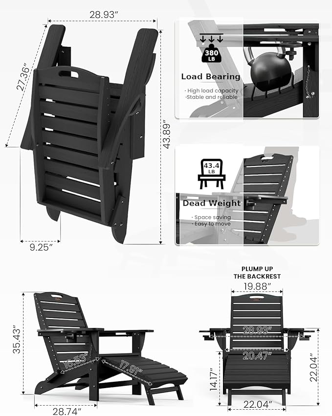 Ciokea Folding Adirondack Chair with Retractable Ottoman, HDPE Fire Pit Chairs with Pull Out Footrest, All Weather Resistant Outdoor Patio Chair with 2 Cup Holders for Lawn, Garden, Backyard (Black)