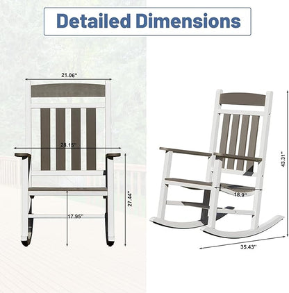 Outdoor Patio Rocking Chairs Set of 2, Made of Metal & WPC, Outside Oversized Porch Rocker Chairs with High Back for Adults, Weather Resistant Outdoor Rocker for Garden Lawn - White and Grey