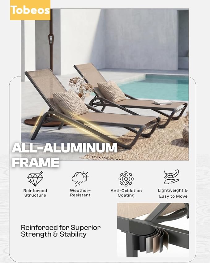Outdoor Chaise Lounge Chair, 5-Position Adjustable Patio Lounge Chair with Ergonomic Aluminum Frame, Textilene Fabric Pool Loung Chairs for Poolside, Deck, Backyard (Khaki)
