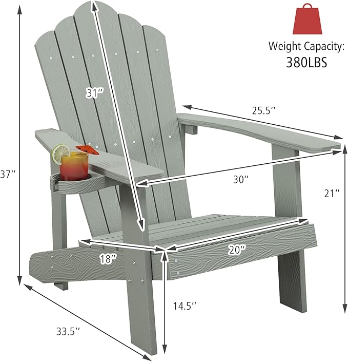 Tangkula Oversized Adirondack Chair, Patio Lounge Chairs w/Adjustable Cup Holder, HIPS Armchairs Slatted Chair, Outdoor Weather Resistant Fire Pit Chair for Deck Backyard Garden Porch (1, Light Grey)