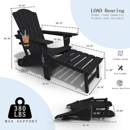 Adjustable Adirondack Chairs with Retractable Ottoman Set of 8, HDEP Folding Adirondack Chair with Footrest & Cup Holder, All Weather Fire Pit Chair for Outdoor,Black