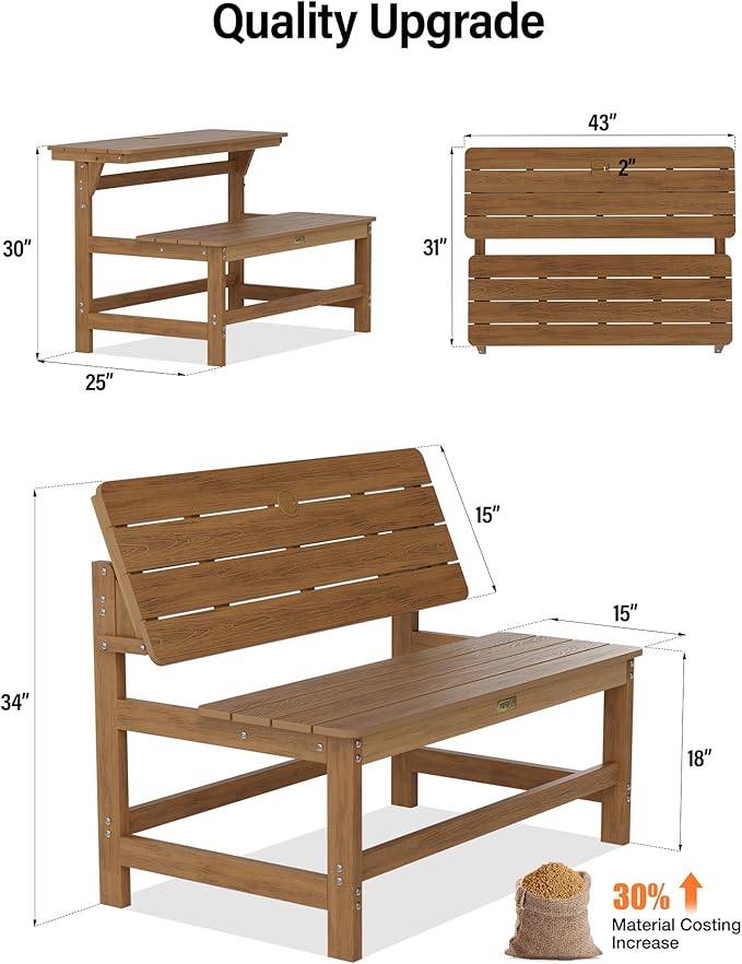 YEFU Convertible Bench Picnic Table: HIPS Convert a Bench with Umbrella Hole - Foldable Space-Saving Picnic Outdoor Benches for Outside Patio Porch Backyard Park Garden Teak