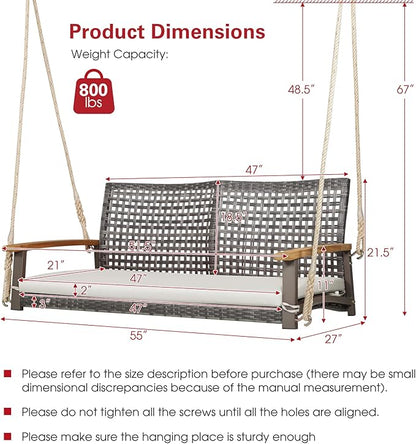 Tangkula 2-Person Outdoor Porch Swing with 118" Hanging Ropes, Patiojoy PE Wicker Patio Hanging Swing Bench with Soft Seat Cushion & 800 Lbs Weight Capacity, Suitable for Patio, Garden (Off White)