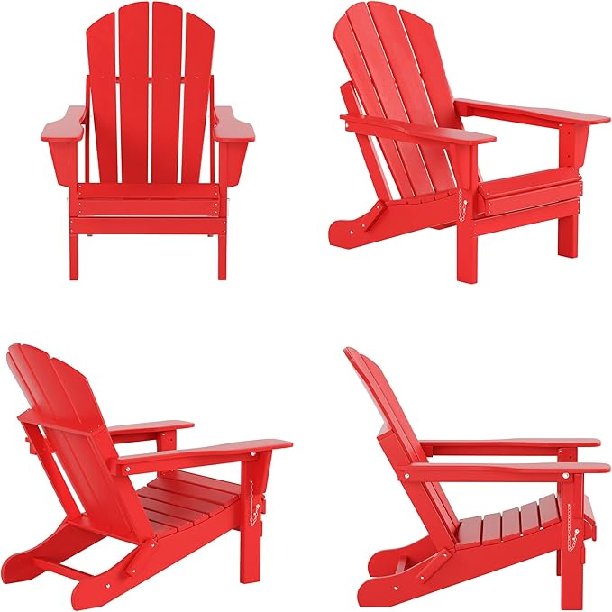 WestinTrends Malibu Outdoor Lounge Chairs, 3-Pieces Adirondack Chair Set with Ottoman and Side Table, All Weather Poly Lumber Patio Lawn Folding Chair for Outside Pool Garden Backyard, Red
