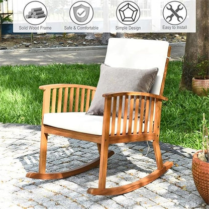 Pemberly Row Acacia Wood Patio Rocking Chair with Cushion, Natural Finish, 35.5" L x 25" W x 36.5" H, Rustic Design, Ergonomic Backrest, Washable Covers, Outdoor Garden Porch Deck Seating