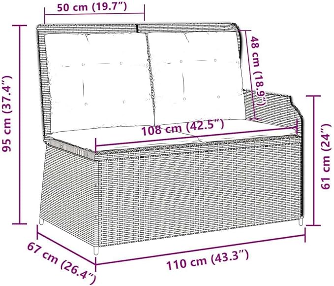 2-Seat Reclining Garden Bench 43.3"x26.4", Brown Woven Poly Rattan Lounge with Adjustable Backrest & Outdoor Cushions, Modern Patio Furniture Set for Garden, Balcony, Porch