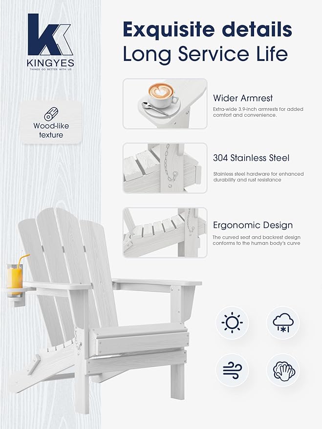 KINGYES Folding Adirondack Chair, HDPE All-Weather Patio Chairs with Cup Holder, Wooden Textured Fire Pit Chairs for Poolside, Backyard, Deck, White