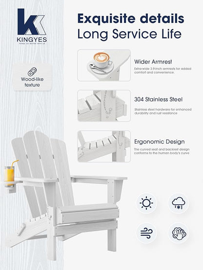KINGYES Folding Adirondack Chair, HDPE All-Weather Patio Chairs with Cup Holder, Wooden Textured Fire Pit Chairs for Poolside, Backyard, Deck, White