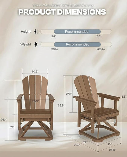 HDPE Swivel Glider Chair Outdoor, Weather Resistant Adirondack Outside Rocking Chair, Wooden Textured Outdoor Swivel Chair for Porch, Balcony, Poolside, Backyard (Teak)