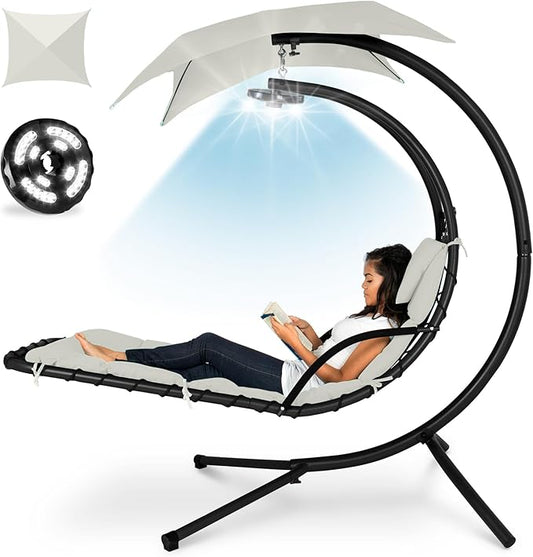 Best Choice Products Hanging LED-Lit Curved Chaise Lounge Chair Swing for Backyard, Patio, Lawn w/ 3 Light Settings, Weather-Resistant Pillow, Removable Canopy Shade, Steel Stand - Ivory