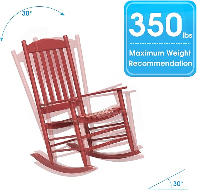 Wooden Rocking Chair Outdoor with 350lbs Weight Capacity All Weather Porch Rockers for Garden, Lawn, Porch, Backyard (1, Red