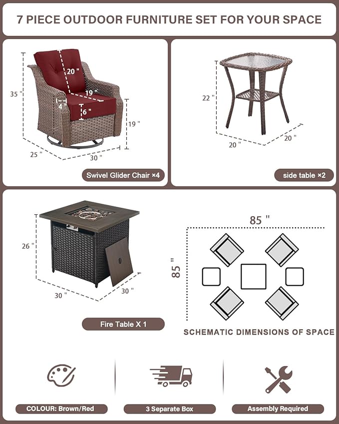 Belord Luxury Patio Furniture Set with Fire Pit Table - Outdoor Swivel Rocker Chairs Set of 4 with 30 inch Propane Fire - Photo 2