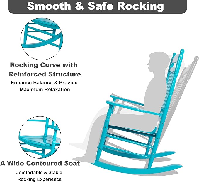 Outdoor Rocking Chairs Set of 2 Rocking Camping Chair Patio Rocker Poly Wooden Extensive Large High Back 350lbs Weather Proof Lawn Chair Arm for Porch Yard Balcony Indoor Outdoor Blue