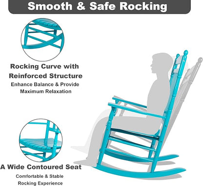 Outdoor Rocking Chairs Set of 2 Rocking Camping Chair Patio Rocker Poly Wooden Extensive Large High Back 350lbs Weather Proof Lawn Chair Arm for Porch Yard Balcony Indoor Outdoor Blue