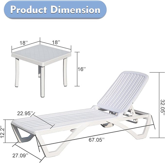 Domi Outdoor Chaise Lounge Set of 3, Pool Lounge Chairs Plastic Adjustable Recliners Tanning Lounge Chair with Table for in-Pool Sunbathing Beach Lawn Poolside, White
