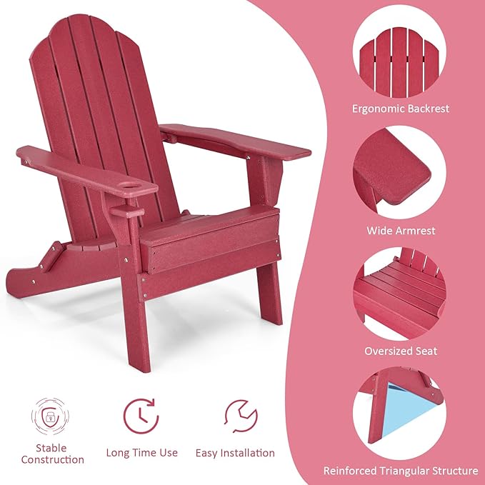 Tangkula Outdoor Folding Adirondack Chair, HDPE Armchairs with Cup Holder, Weather Resistant Lounger Chair for Patio Garden Fire Pit Backyard, Lawn Porch Seating, Adirondack Lounger (2, Red)
