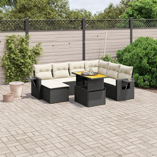 8 Piece Garden Sofa Set in Black and Cream White, Modular Outdoor Furniture with Plush Cushions, Foldable Side Table and Removable Covers, Durable PE Rattan and Metal Frame