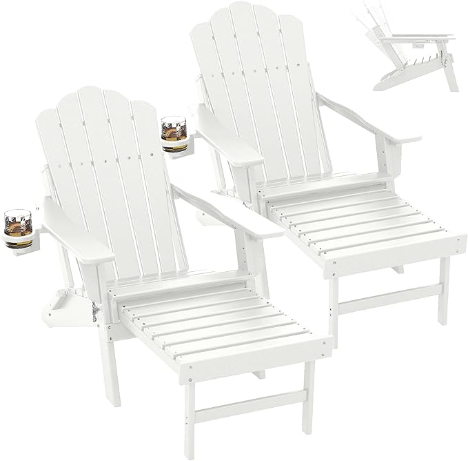 FOOWIN Adjustable Adirondack Chair with Retractable Ottoman Set of 2, Folding Adirondack Chair with Cup Holder, HDPE All-Weather Fire Pit Chair for Patio, Yard, Poolside, White