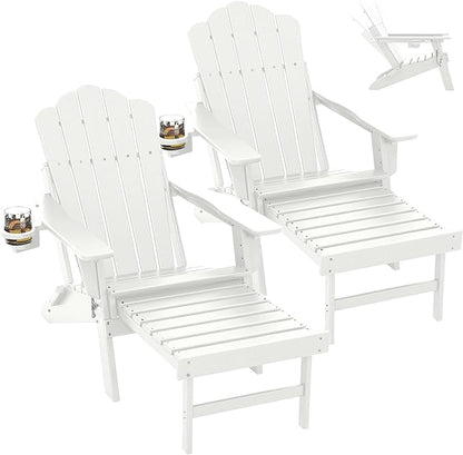FOOWIN Adjustable Adirondack Chair with Retractable Ottoman Set of 2, Folding Adirondack Chair with Cup Holder, HDPE All-Weather Fire Pit Chair for Patio, Yard, Poolside, White