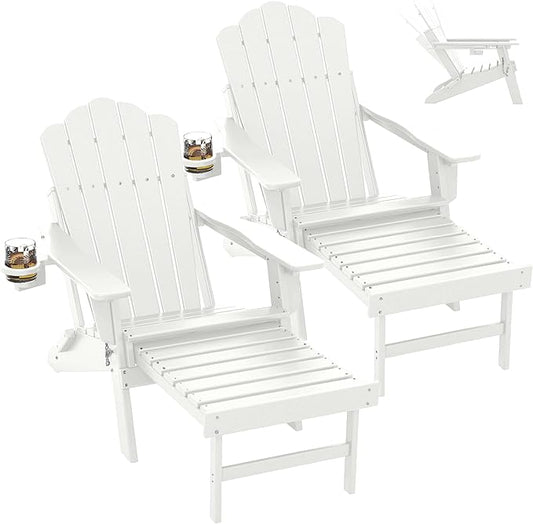 FOOWIN Adjustable Adirondack Chair with Retractable Ottoman Set of 2, Folding Adirondack Chair with Cup Holder, HDPE All-Weather Fire Pit Chair for Patio, Yard, Poolside, White