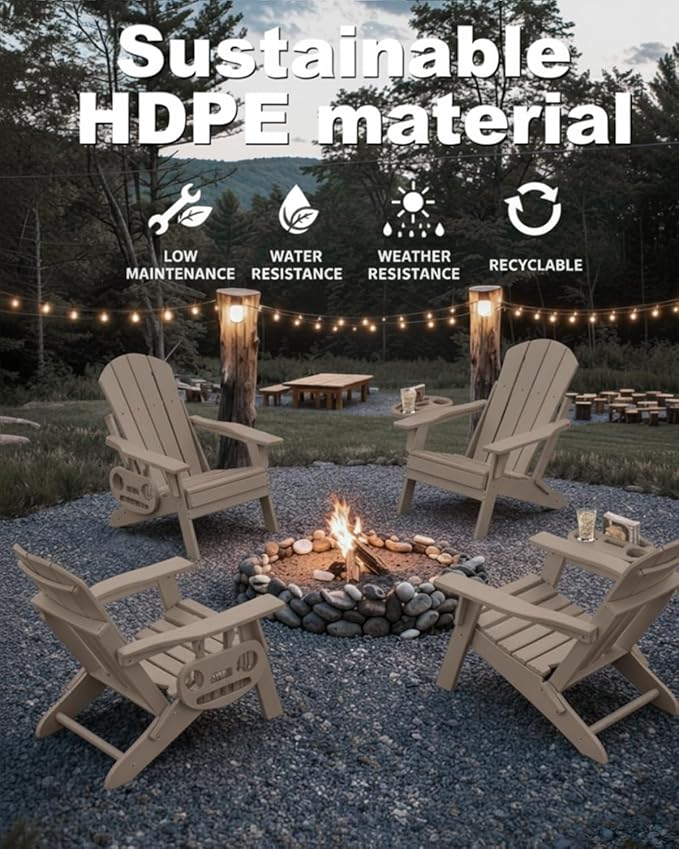 Adjustable Adirondack Chair Set of 8 with Cup Holder, All Weather HDPE Fire Pit Chairs for Deck, Backyard, Patio, Brown